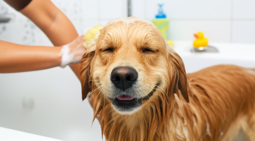Dog and owner bonding during bath time